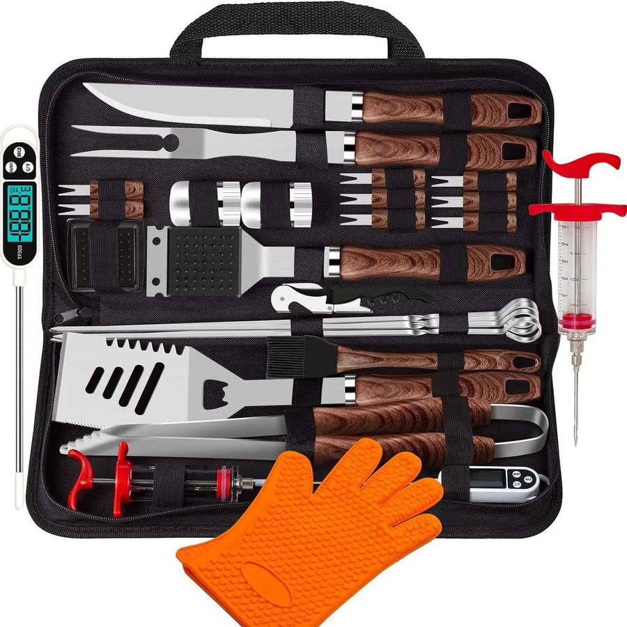 26Pcs Grilling Accessories Kit for Men Women, Stainless Steel Heavy Duty BBQ Tools with Glove and Corkscrew, Grill Utensils Set